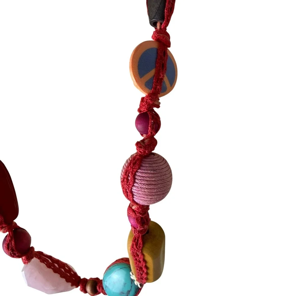 Lucky Brand Red Crochet Long Necklace Multi Color Mixed Media Beads Peace 38